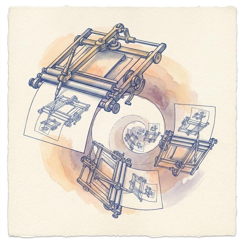 An etched drafting machine prints the plans of a second, smaller machine, which prints a third, spiralling inward like a shell.