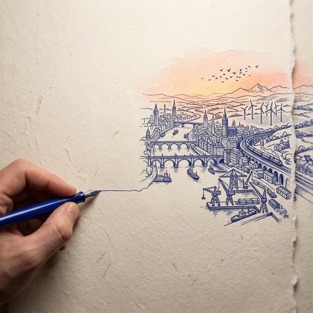 A hand holding an ultramarine pen draws a single line across bone paper; the line grows into a vast etched horizon of cities, bridges, harbours, railways and wind farms at daybreak.