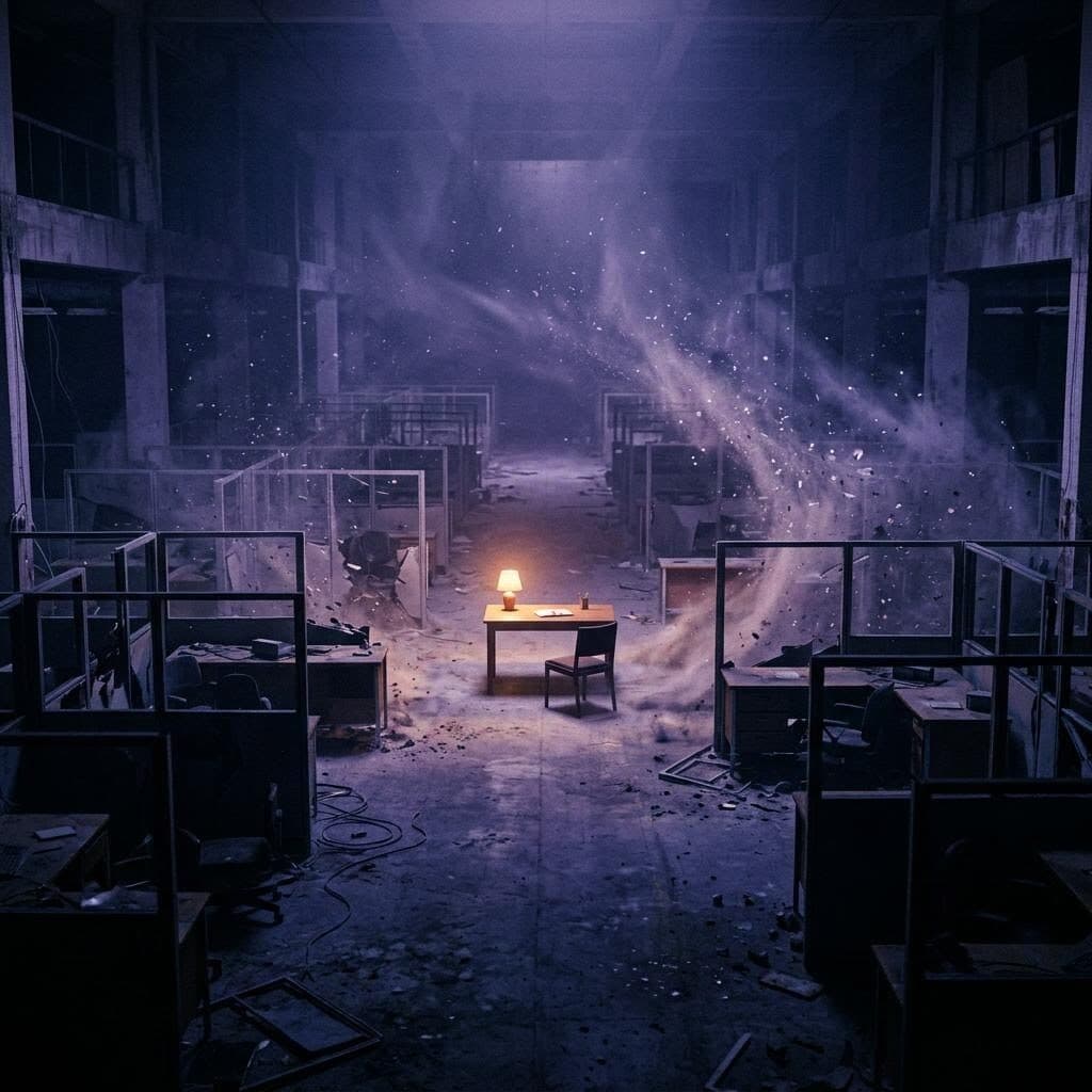 A vast dim office hall of empty partitions dissolving into drifting particles, flowing toward one lit table and a single chair.