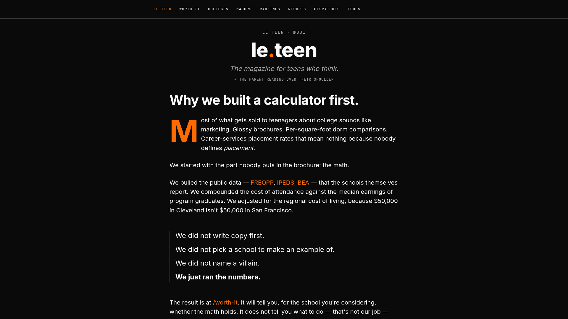 The LE TEEN public homepage, an editorial layout introducing data-grounded tools and stories about college costs and educational trade-offs.
