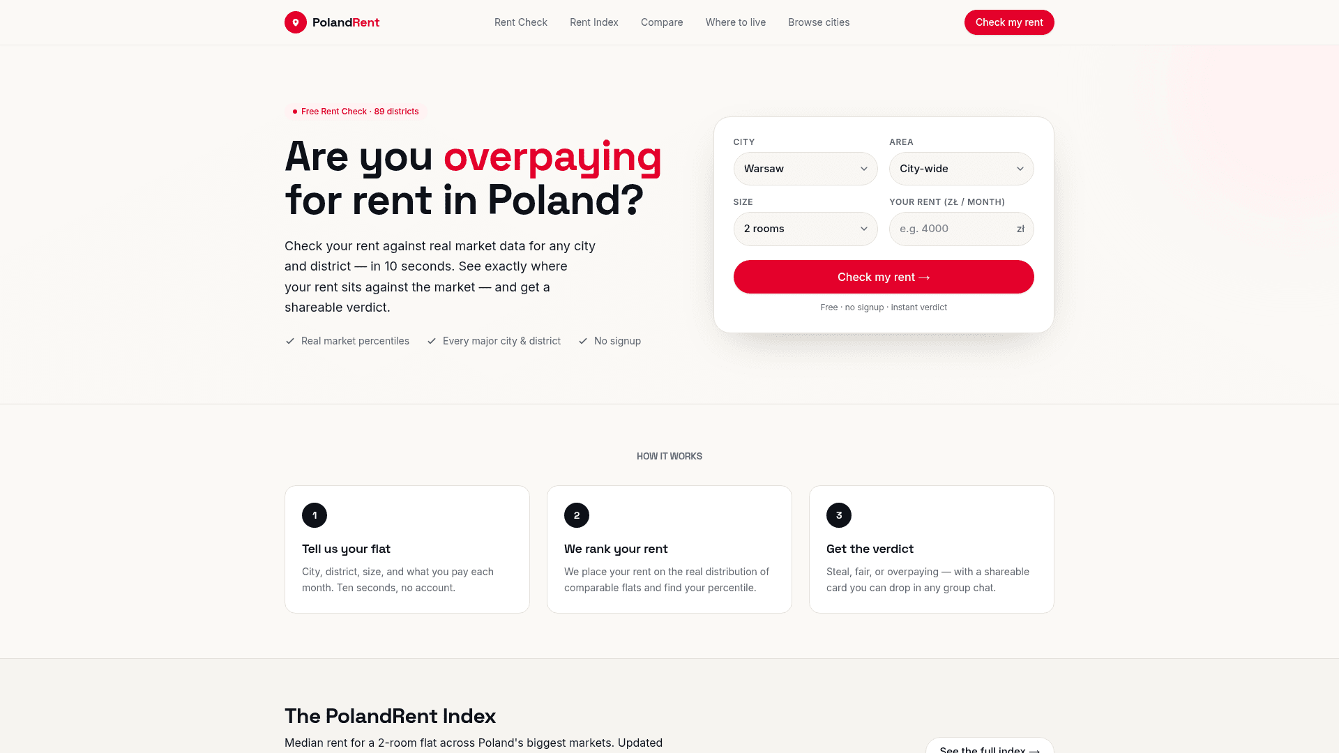 The PolandRent public homepage, showing its English-language introduction to Polish asking rents and the Rent Check tool for comparing a rent with market data.